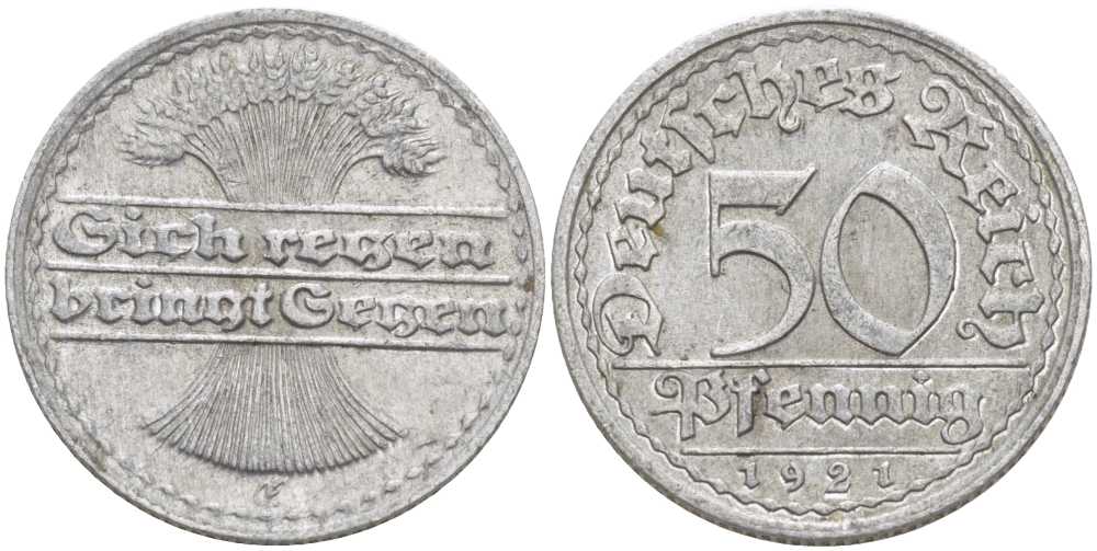 ГЕРМАНИЯ 50 ПФЕННИГОВ 1921 G KM 27, J. 301, Weege 10 алюминий 261-724