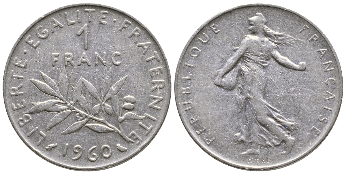ФРАНЦИЯ 1 ФРАНК 1960 СЕЯТЕЛЬ KM 925.1, LE FRANC 226.4 никель 3999-1034