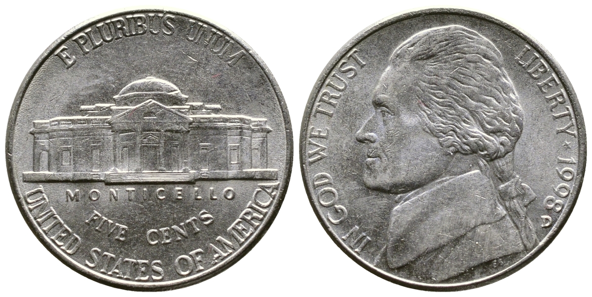 США 5 ЦЕНТОВ 1998 D, ДЖЕФЕРСОН KM А192 медно-никель 37-1211