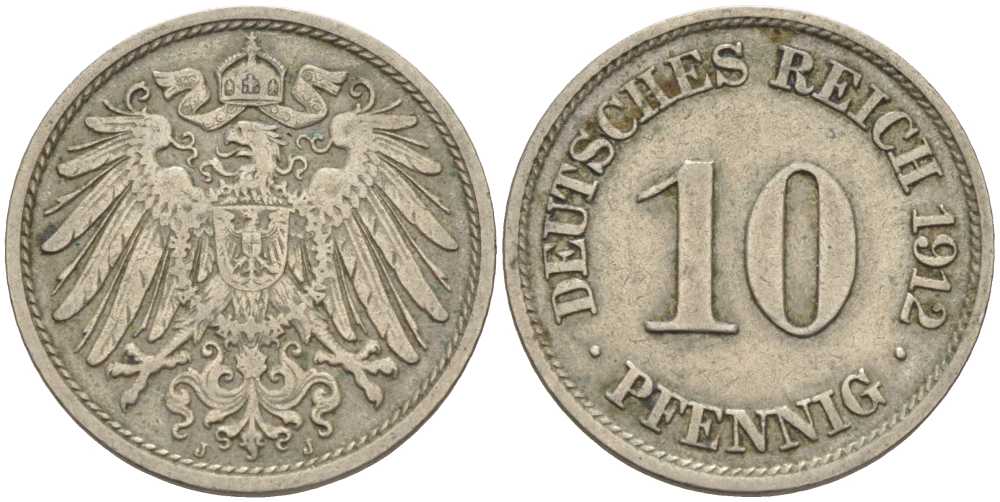 ГЕРМАНИЯ 10 ПФЕННИГОВ 1912 J KM 12, J. 13 медно-никель 33-627