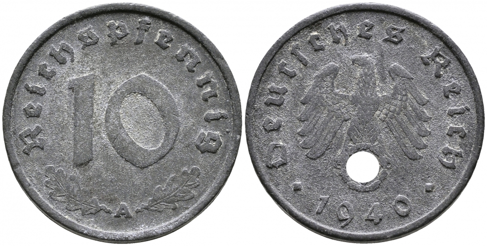 ГЕРМАНИЯ 10 РЕЙХСПФЕННИГОВ 1940 A, KM 101, J. 371 цинк 4525-1224