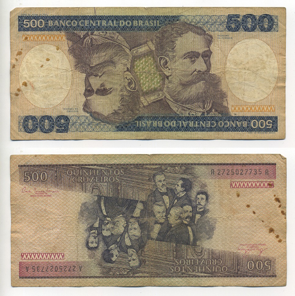 БРАЗИЛИЯ 500 КРУЗЕЙРО 1981 ПОДПИСЬ 20, ДЕОДОРУ ДА ФОНСЕКА ПЕРВЫЙ ПРЕЗИДЕНТ БРАЗИЛИИ Pick 200a бумага 6289-36-1-1