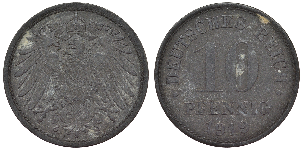 Германия 10 пфеннигов 1919 KM 26, J. 299, Weege 8 цинк 4119-347