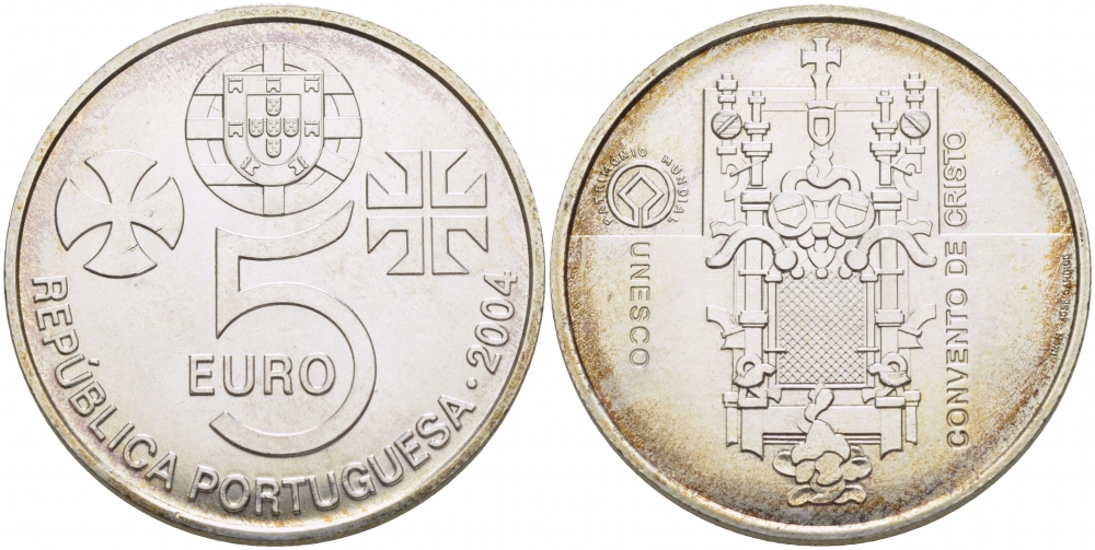 ПОРТУГАЛИЯ 5 ЕВРО 2004 НАСЛЕДИЕ ЮНЕСКО, МОНАСТЫРЬ ХРИСТА, МОСТ KM 754 серебро UNC 06-204-15