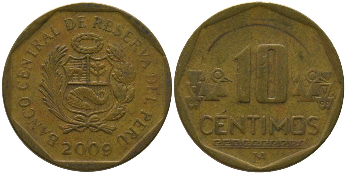 Перу 10 сентимо 2009 LIMA KM 305.4, Schon 104 латунь 4543-924