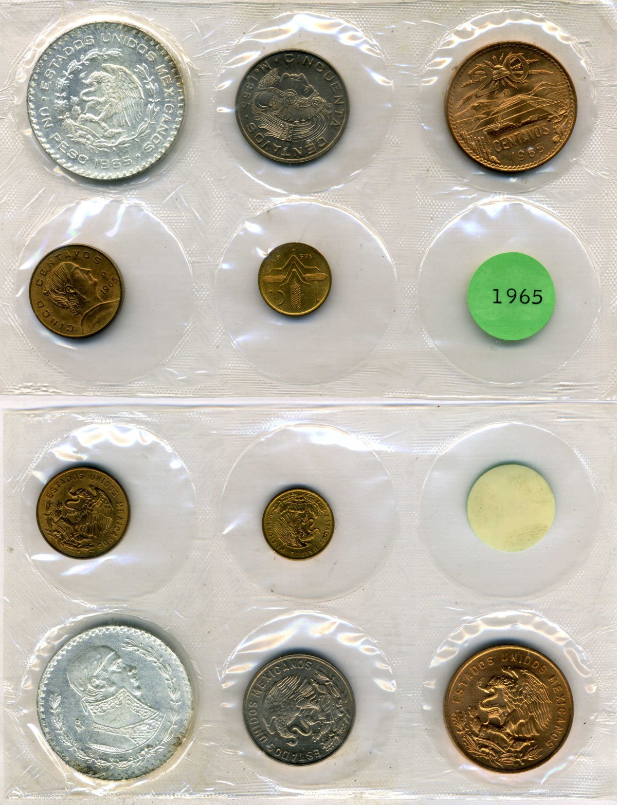 Мексика набор из 5 монет 1965 1, 5, 20 и 50 сентаво, 1 песо KM 417, 426, 440, 451, 459 бронза, латунь, медно-никель, серебро UNC 3-4-6-14