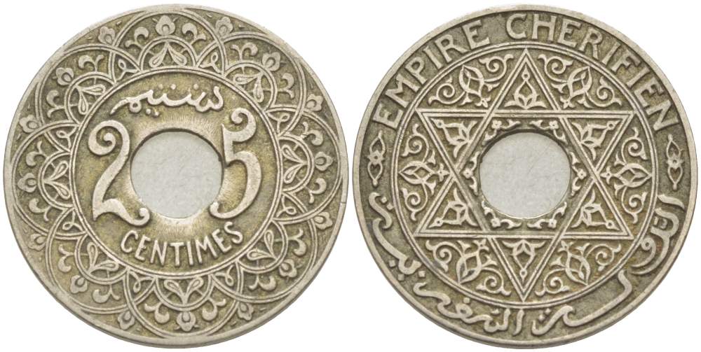 Марокко 25 сантимов 1921 Мулай Юсуф (1912-1927), Французский протекторат KM 34.1 медно-никель 4523-1145