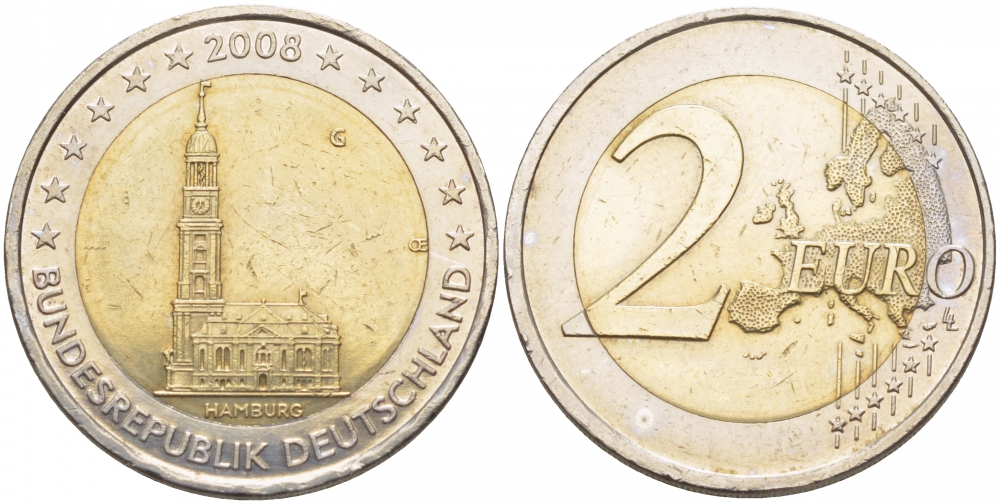 ФРГ 2 евро 2008 G, серия федеральные земли, церковь Св. Михаила в Гамбурге KM 261 биметалл 175-1143