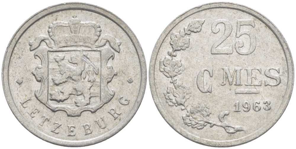 ЛЮКСЕМБУРГ 25 САНТИМОВ 1963 KM 45a.1 алюминий 66-522