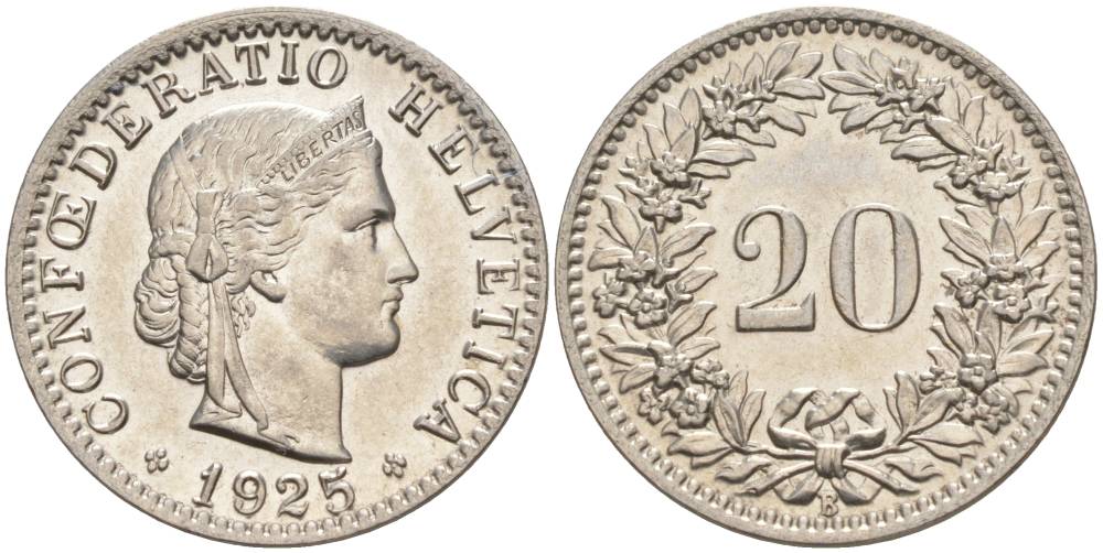 Швейцария 20 раппенов 1925 В KM 29 никель aUNC 55-635