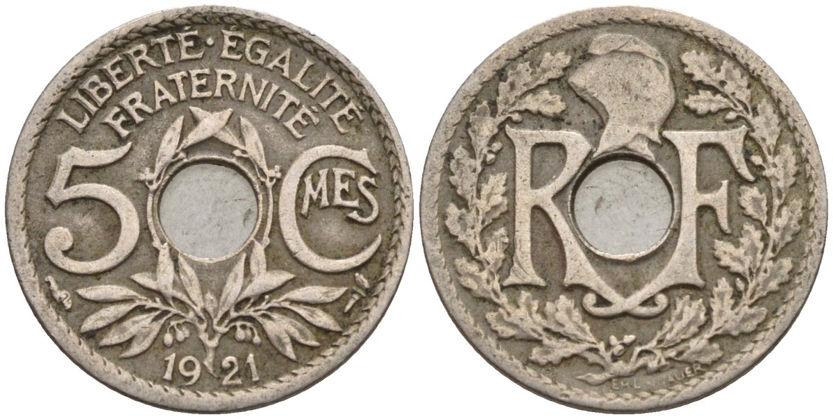 Франция 5 сантимов 1921 KM 875 медно-никель 4596-451