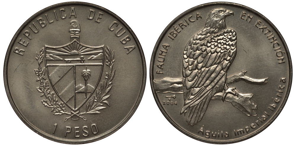 Куба 1 песо 2004 серия иберийская фауна под угрозой исчезновения, орел KM 861 медно-никель UNC 00-00