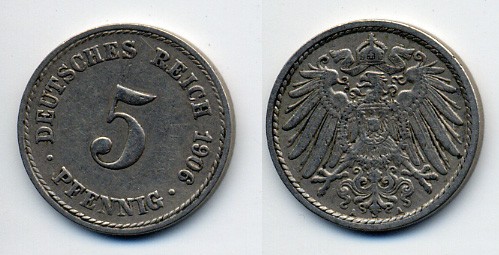 ГЕРМАНИЯ 5 ПФЕННИГОВ 1906 A, KM 11, J. 12 медно-никель 76-125