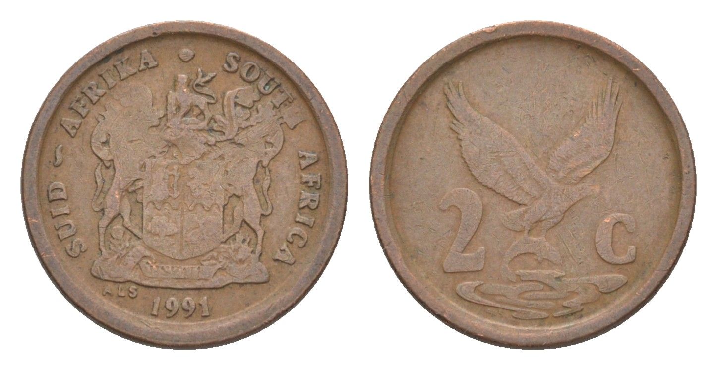 ЮАР 2 цента 1991 орел с рыбой KM 133 сталь плакированная медью 4621-212