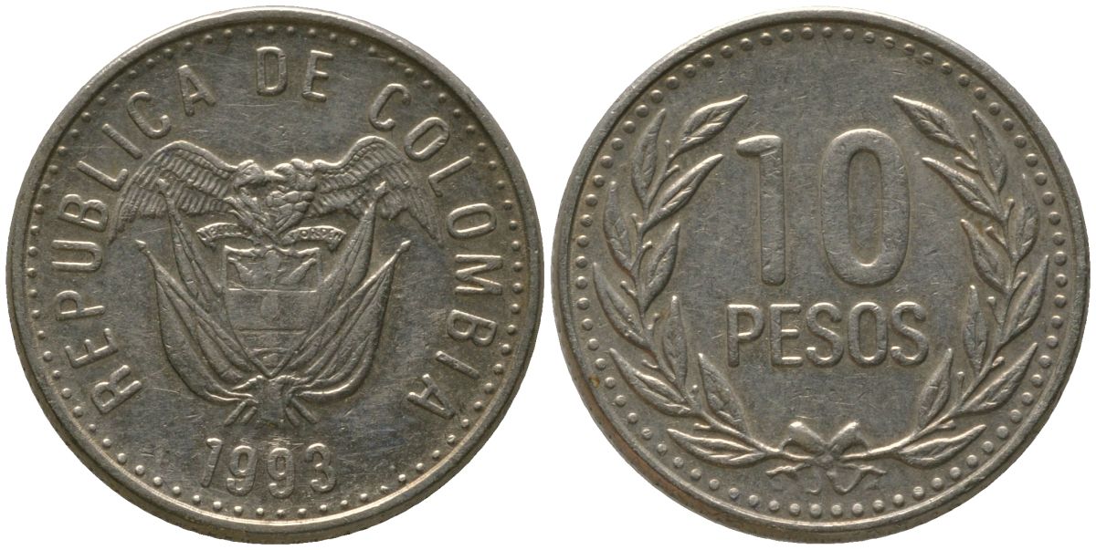 Колумбия 10 песо 1993 KM 281 никель латунь 4538-815