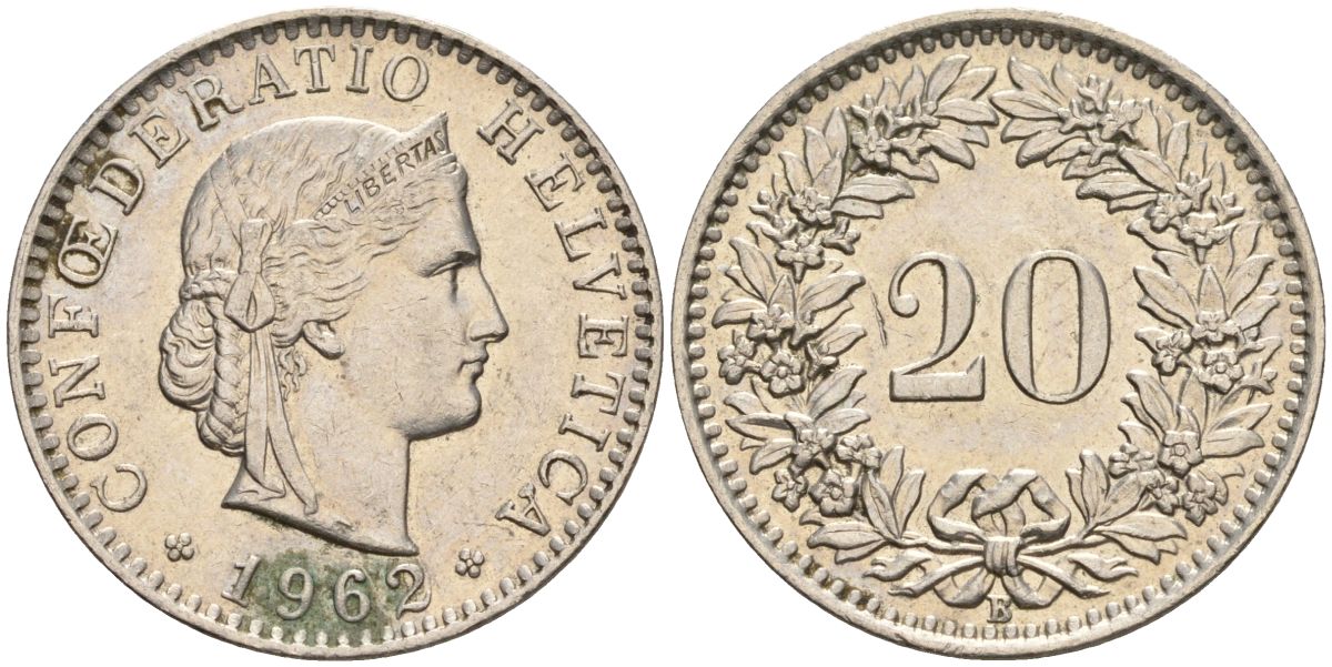 Швейцария 20 раппенов 1962 B KM 29a медно-никель 4606-757