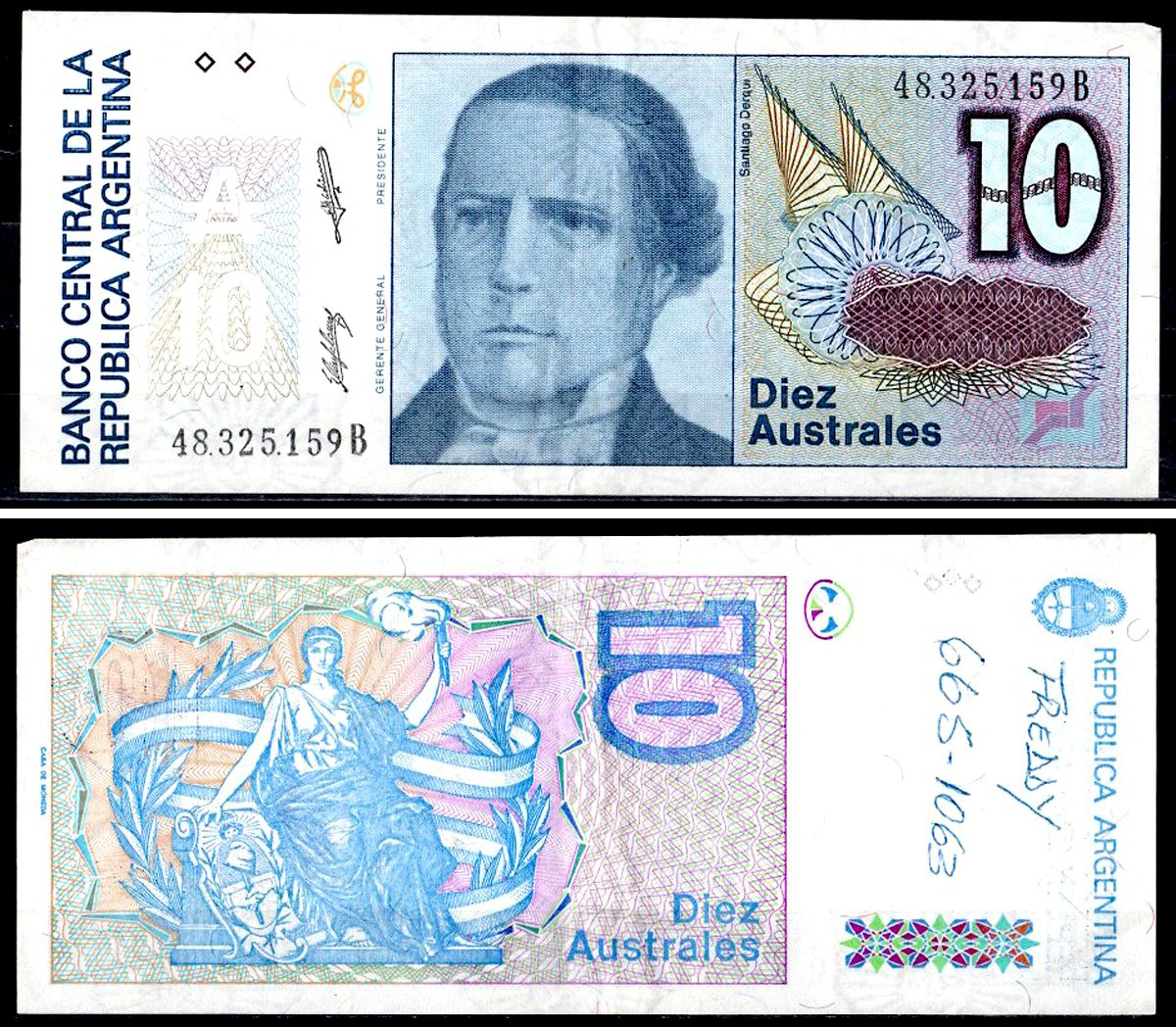 Аргентина 10 аустралей ND (1985-1989) Pick 325 b бумага 6300-9-3-2