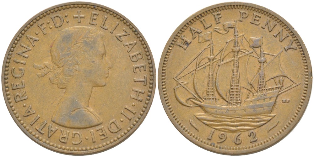 Великобритания 1/2 пенни 1962 Елизавета II (1952-2022) KM 896, Spink 4158 бронза 4544-131