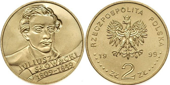 Польша 2 злотых 1999 MW, 150 лет со дня смерти Юлиуша Словацкого (1809-1849) KM 356 нордик  UNC  4521-321