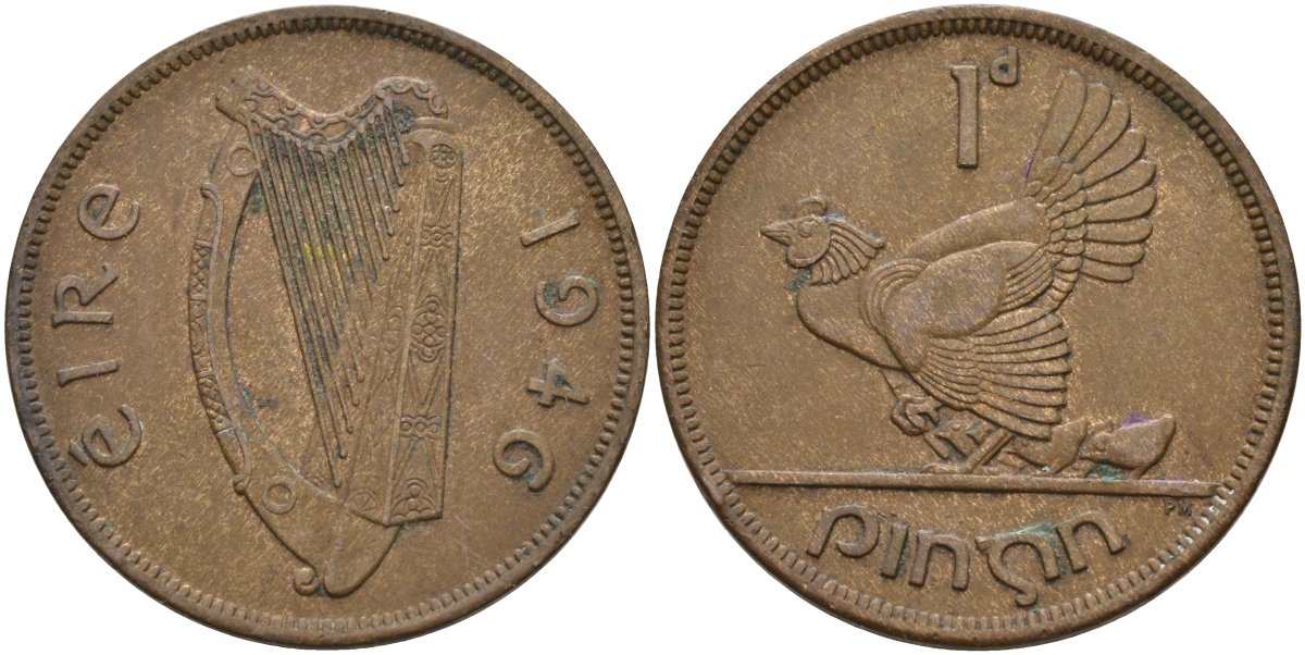 Ирландия 1 пенни 1946 курица с цыплятами KM 11 бронза 4137-715