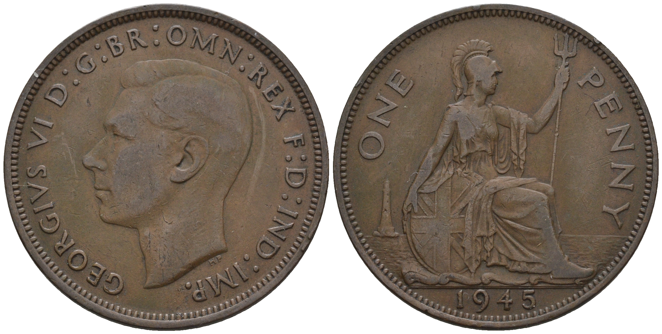 Великобритания 1 пенни 1945 Георг VI (1936-1952) KM 845, Spink 4114 бронза 4607-1126