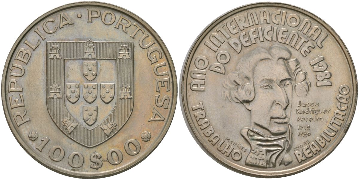 Португалия 100 эскудо 1982 INCM, Международный год инвалидов KM 625 медно-никель aUNC 4587-931