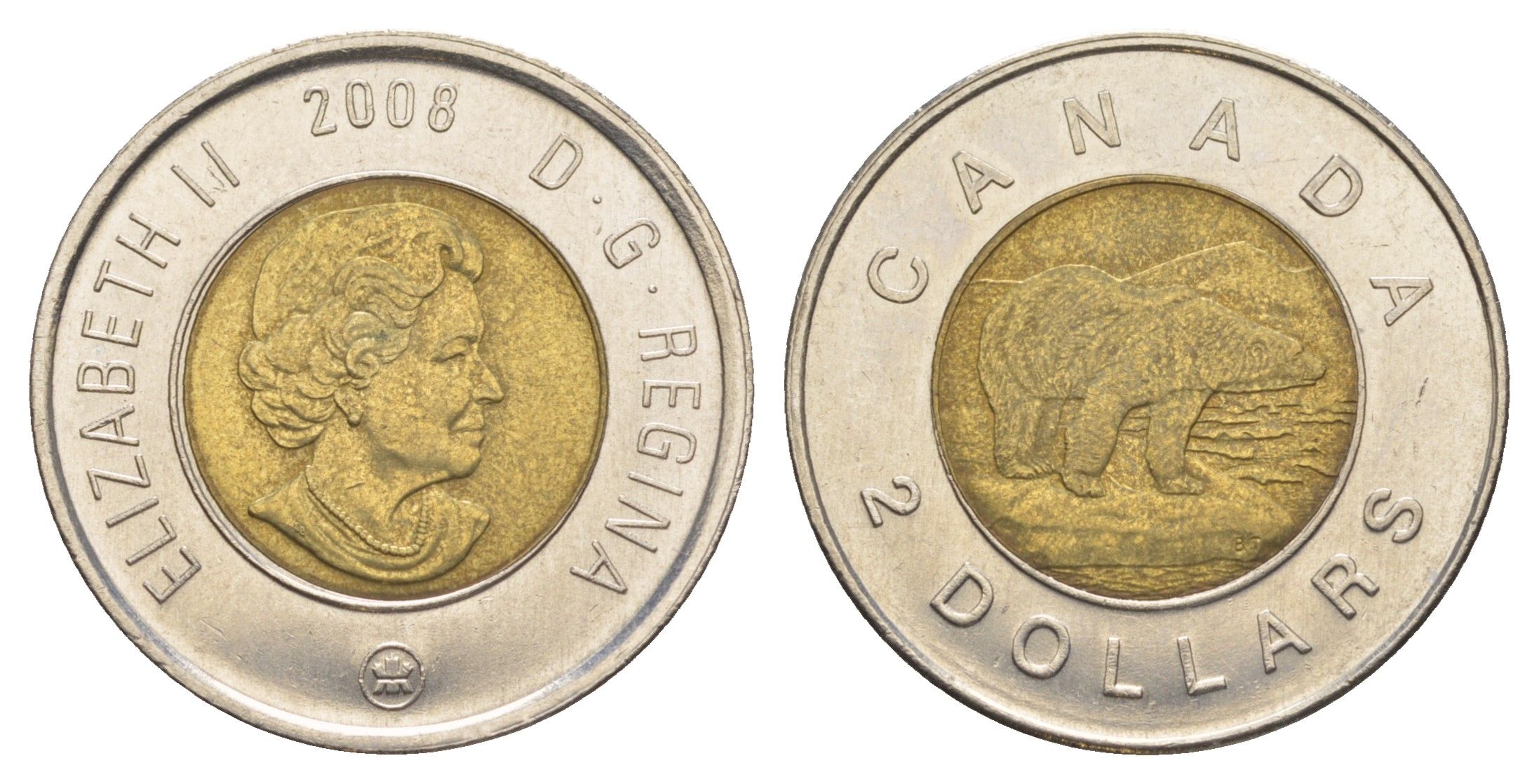 Канада 2 доллара 2008 Leaf, Елизавета II (1952-2022), полярный медведь KM 837 биметалл 4637-1035