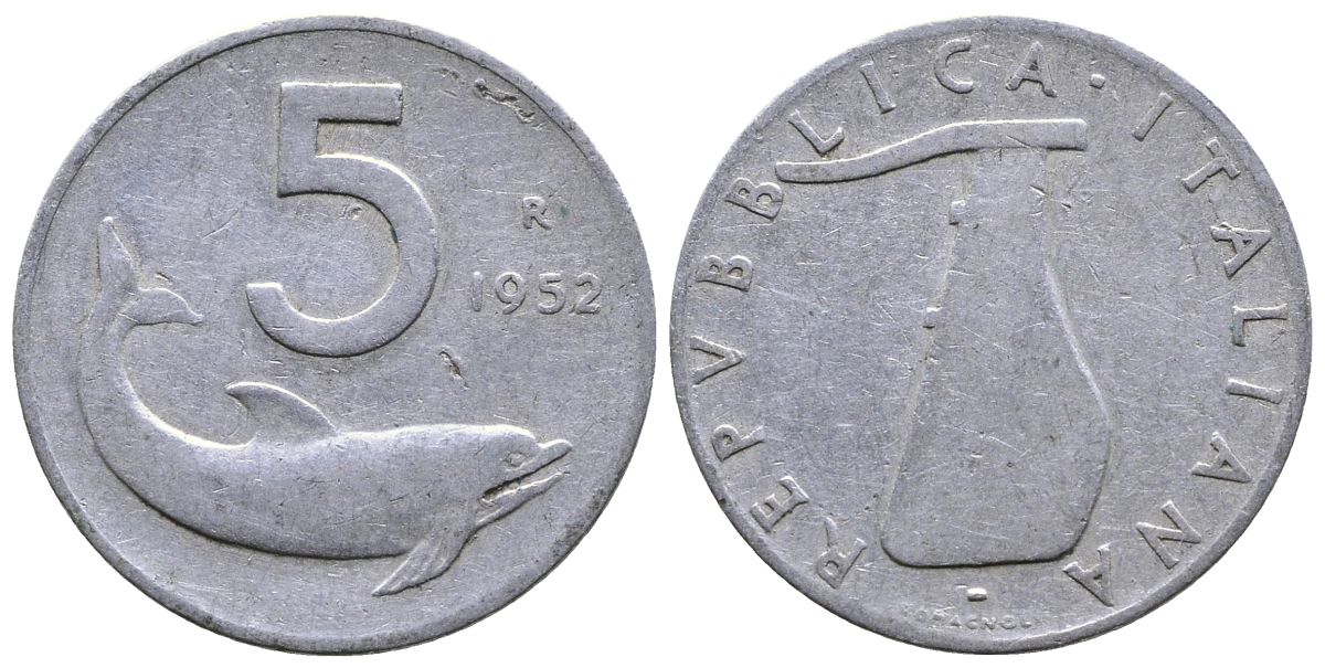 ИТАЛИЯ 5 ЛИР 1952 R, РУЛЬ, ДЕЛЬФИН KM 92 алюминий 261-1626