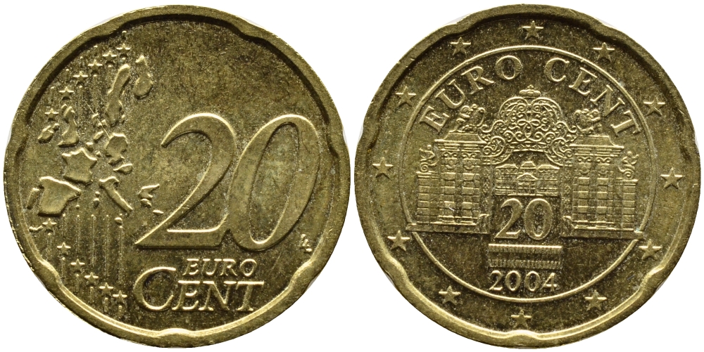 АВСТРИЯ 20 ЕВРОЦЕНТОВ 2004 KM 3086 латунь 4391-246