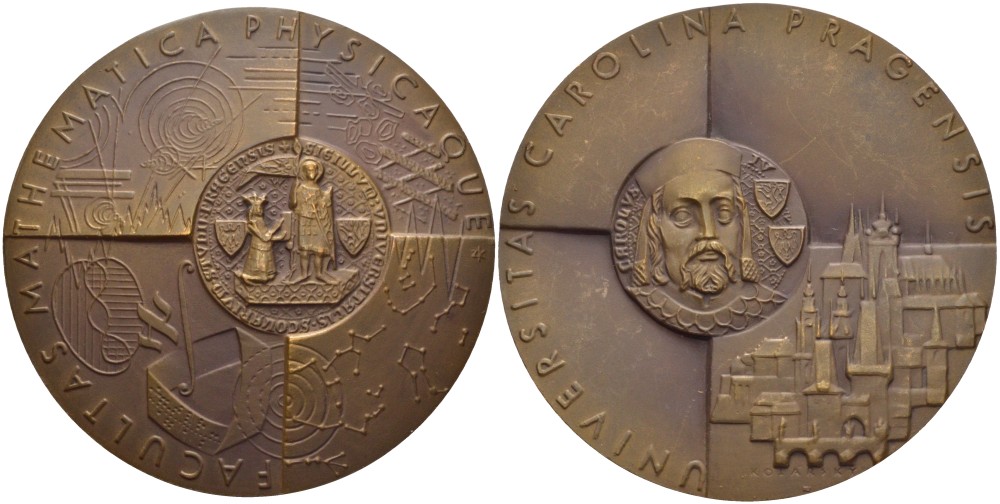 Чехословакия медаль ND Карлов университет в Праге, факультет математики и физики, медальер Kolartsky, диаметр 80 мм, бронза 3-5-2-02