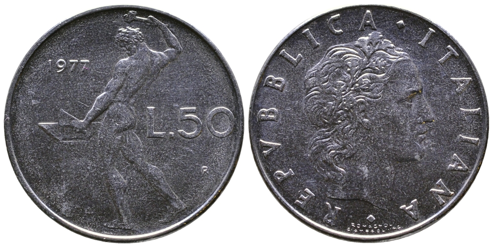 ИТАЛИЯ 50 ЛИР 1977 R, БОГ ОГНЯ ВУЛКАН У НАКОВАЛЬНИ KM 95.1 нержавеющая сталь 3333-135