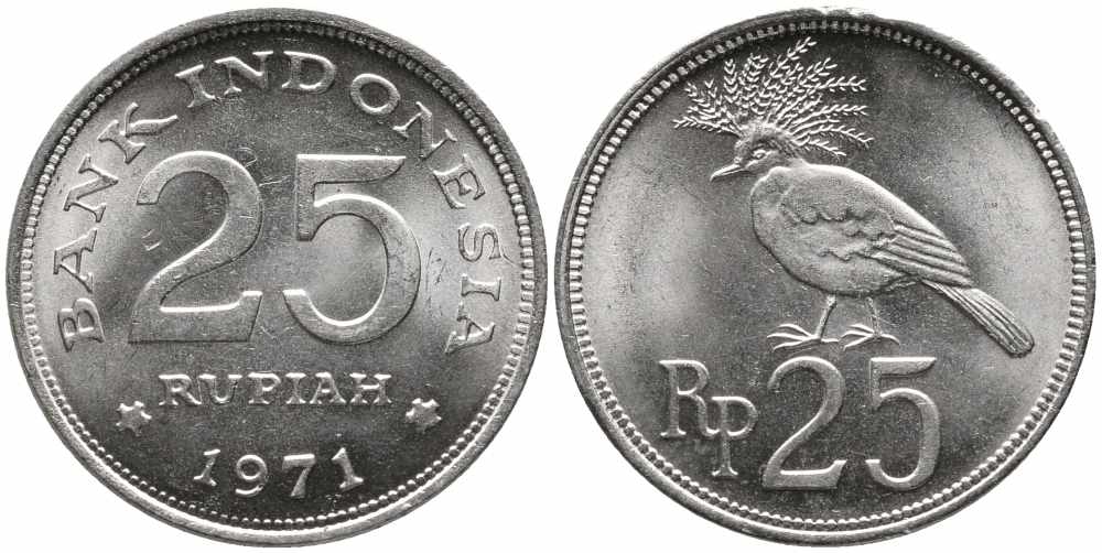 Индонезия 25 рупий 1971 венценосный голубь KM 34 медно-никель 86-1141