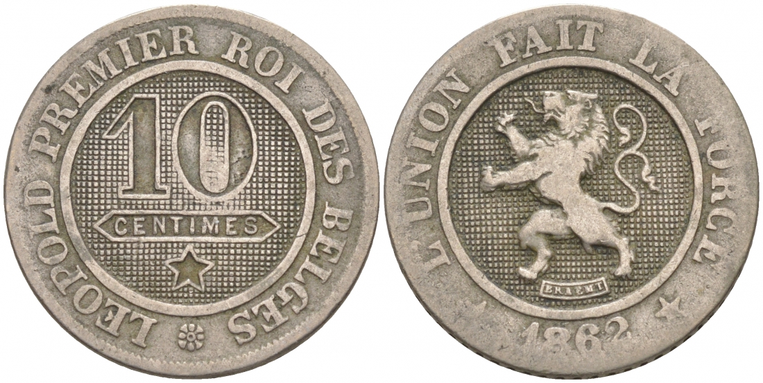 БЕЛЬГИЯ 10 САНТИМОВ 1862 BELGES KM 22 медно-никель 3853-136