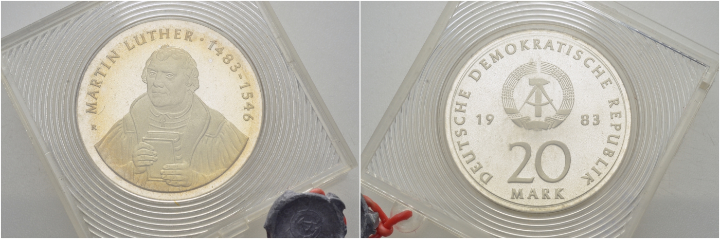 ГДР 20 марок 1983 A, 500 лет со дня рождения Мартина Лютера (1483-1546), в оригинальной коробке с пломбой J.1591, KM 94 серебро PROOF 10-005-80