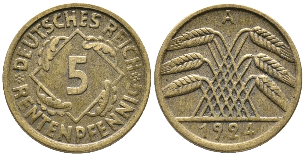 ГЕРМАНИЯ 5 РЕНТЕНПФЕННИГОВ 1924 A KM 32, J. 308 алюминиевая бронза 39-444