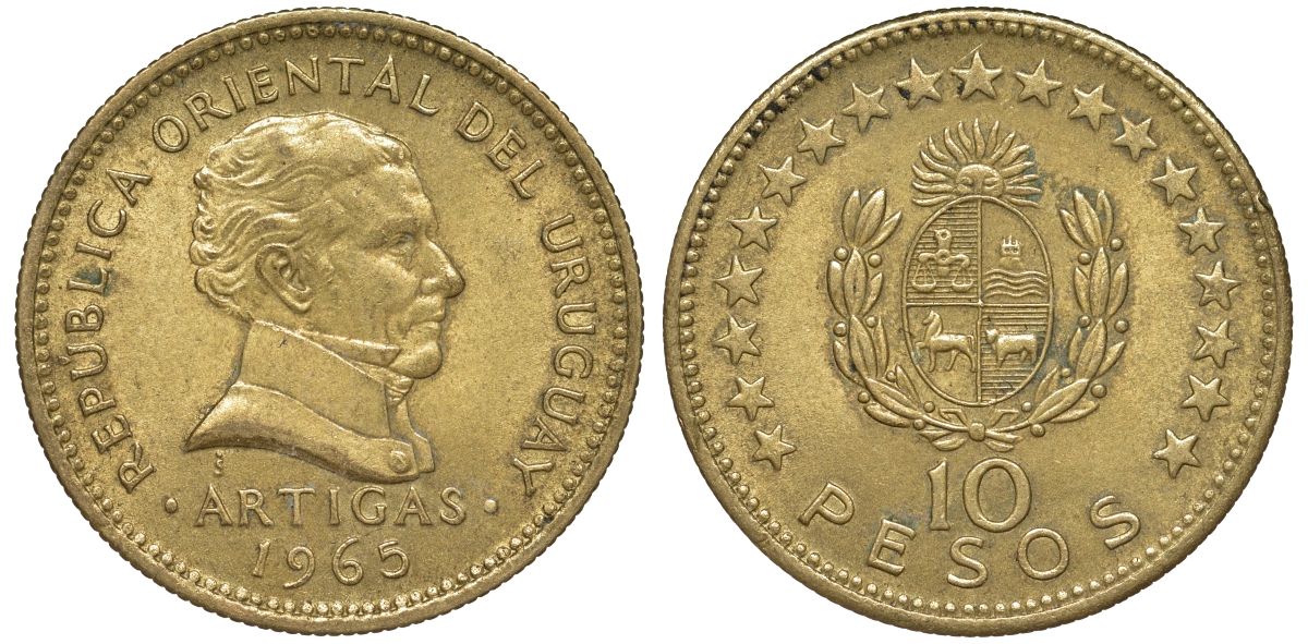 Уругвай 10 песо 1965 KM 48 алюминиевая бронза 4574-544