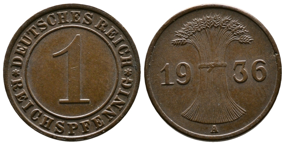 Германия 1 рейхспфенниг 1936 A KM 37, J. 313 бронза 220-133