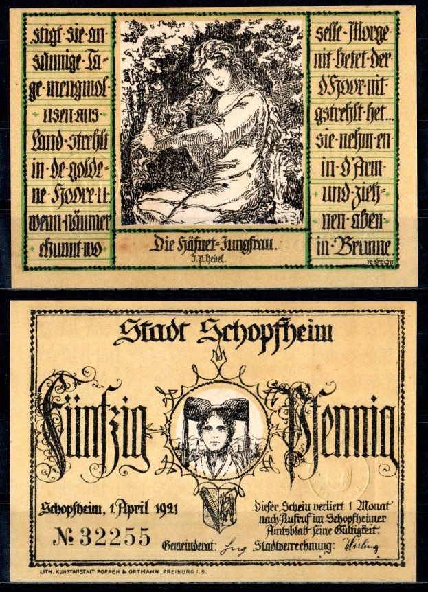 Шопфхайм (Баден) 50 пфеннигов 1921 Mehl Grabowski 1201.1-6/6 бумага UNC (пресс) 7553-4-3-2