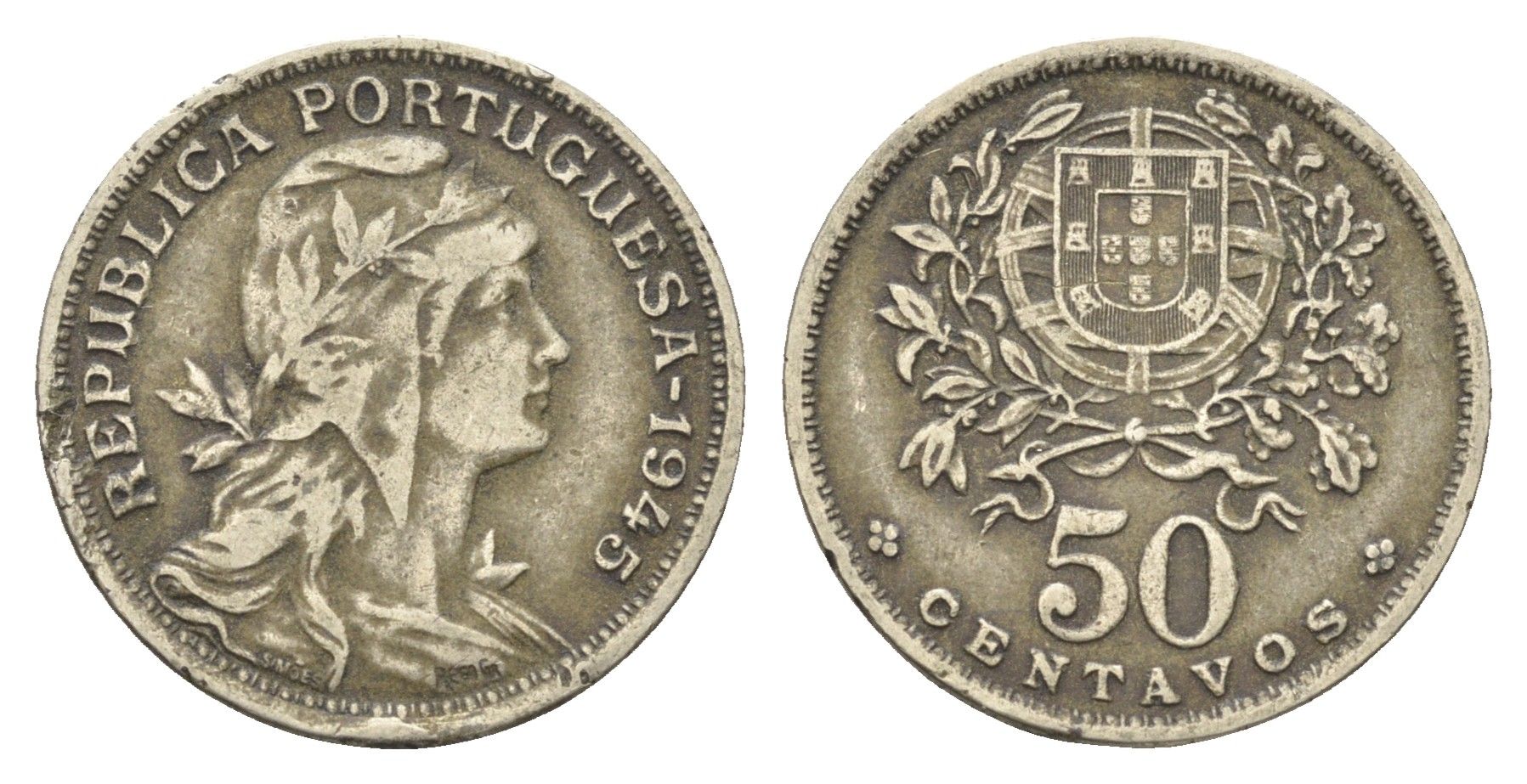 Португалия 50 сентаво 1945 голова Свободы вправо KM 577 никель латунь 4659-632