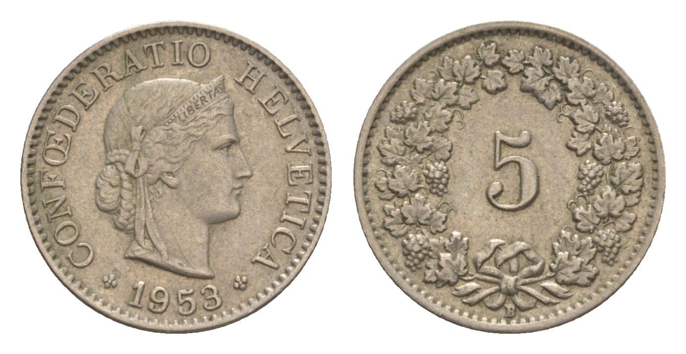 Швейцария 5 раппенов 1953 B KM 26 медно-никель 4611-726