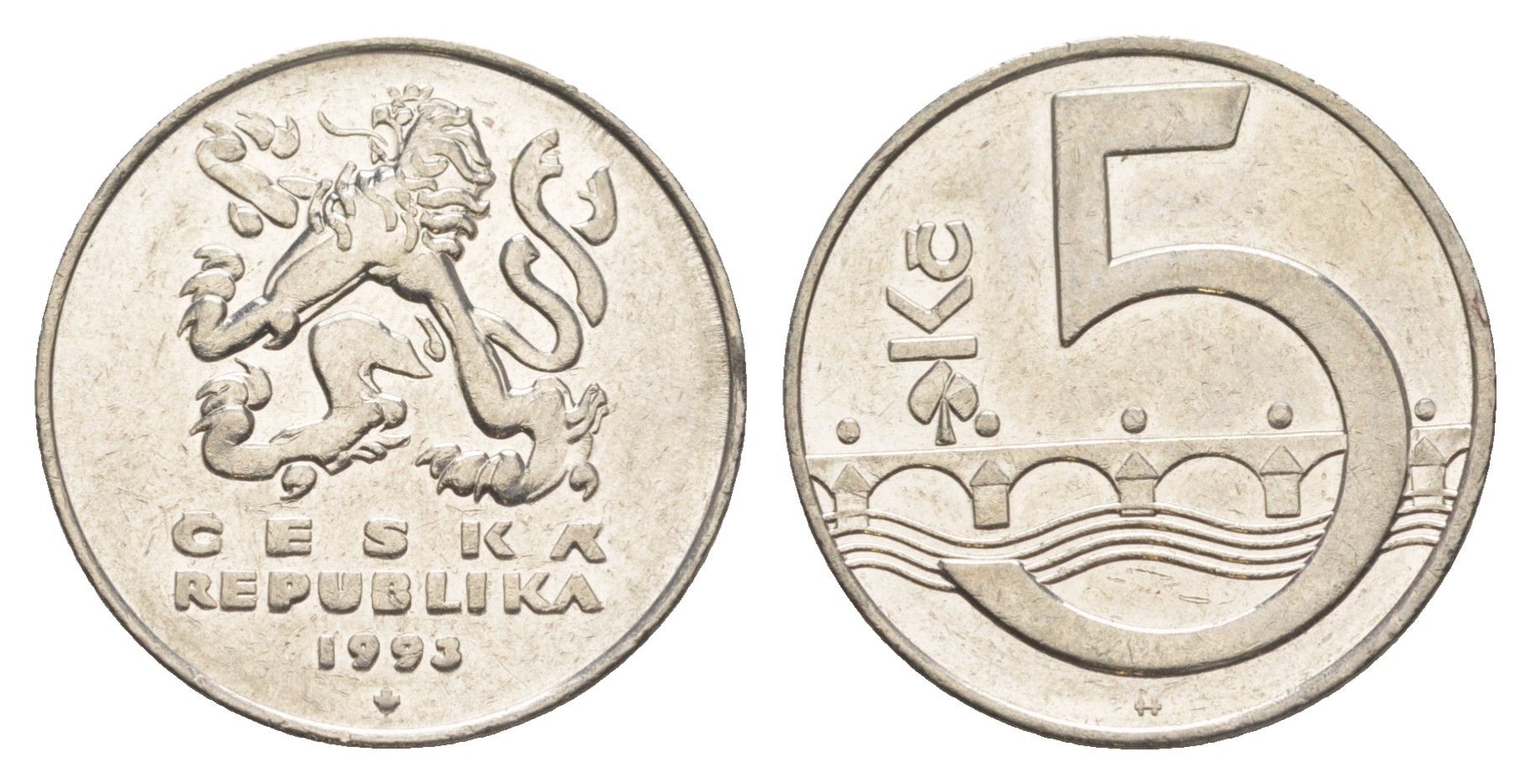 Чехия 5 крон 1993 чешский лев, Карлов мост KM 8 сталь плакированная никелем 4529-633