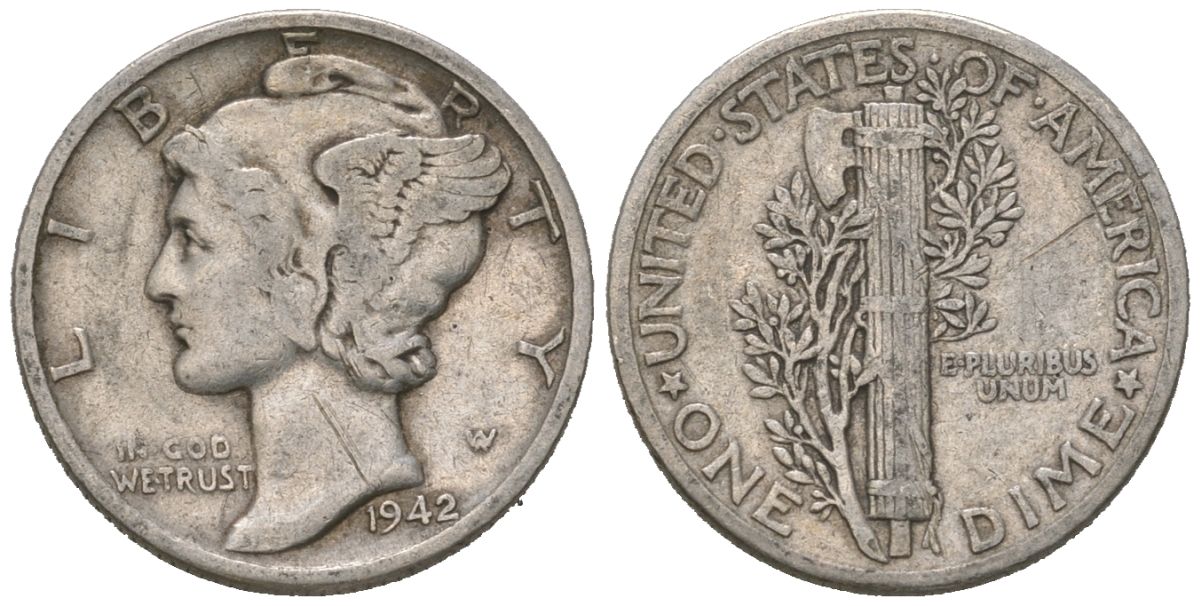 США 10 центов (дайм) 1942 KM 140 серебро 3334-1258