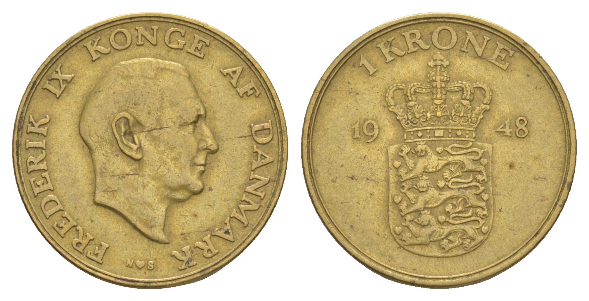 Дания 1 крона 1948 N, Фредерик IX (1947-1972) KM 837 алюминиевая бронза 4638-715