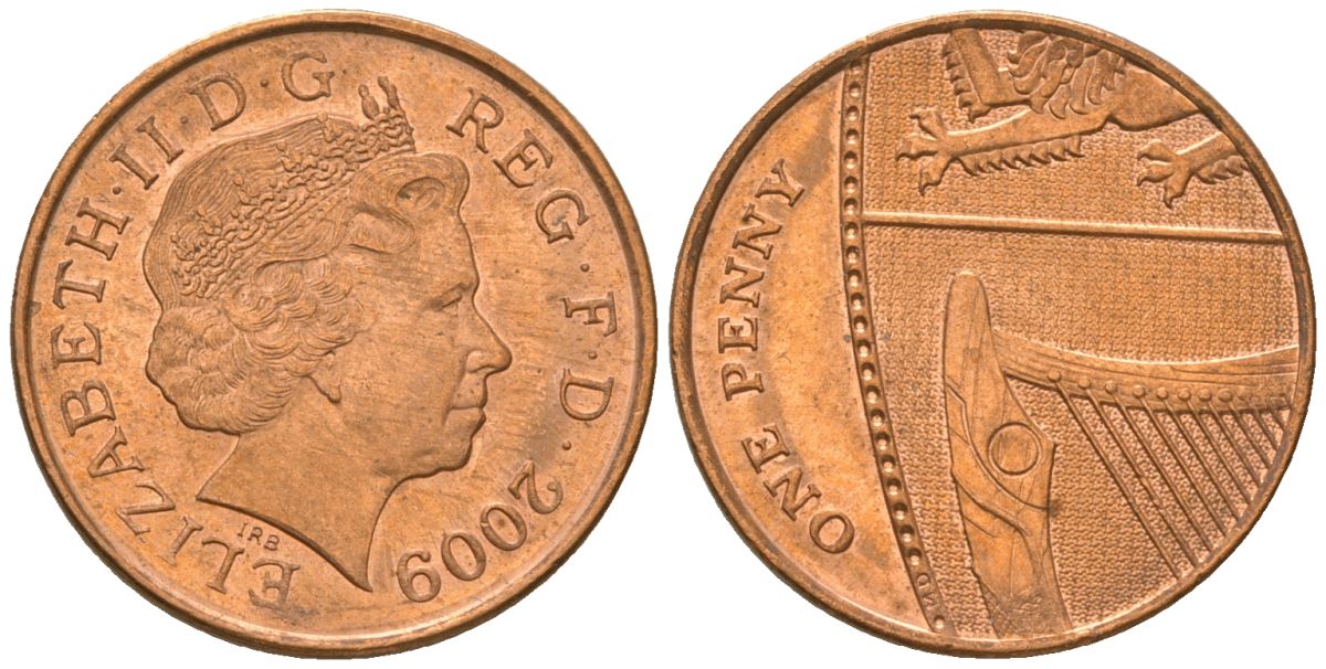 Великобритания 1 пенни 2009 Елизавета II (1952-2022) KM 1107, Spink B6 сталь плакированная медью UNC 4163-312