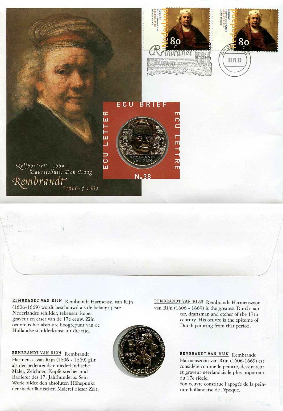 Нидерланды 1 экю 1999 Рембрандт ван Рейн, в оригинальном конверте, с марками, первый день гашения X 238 медно-никель BU 4-3-8-46