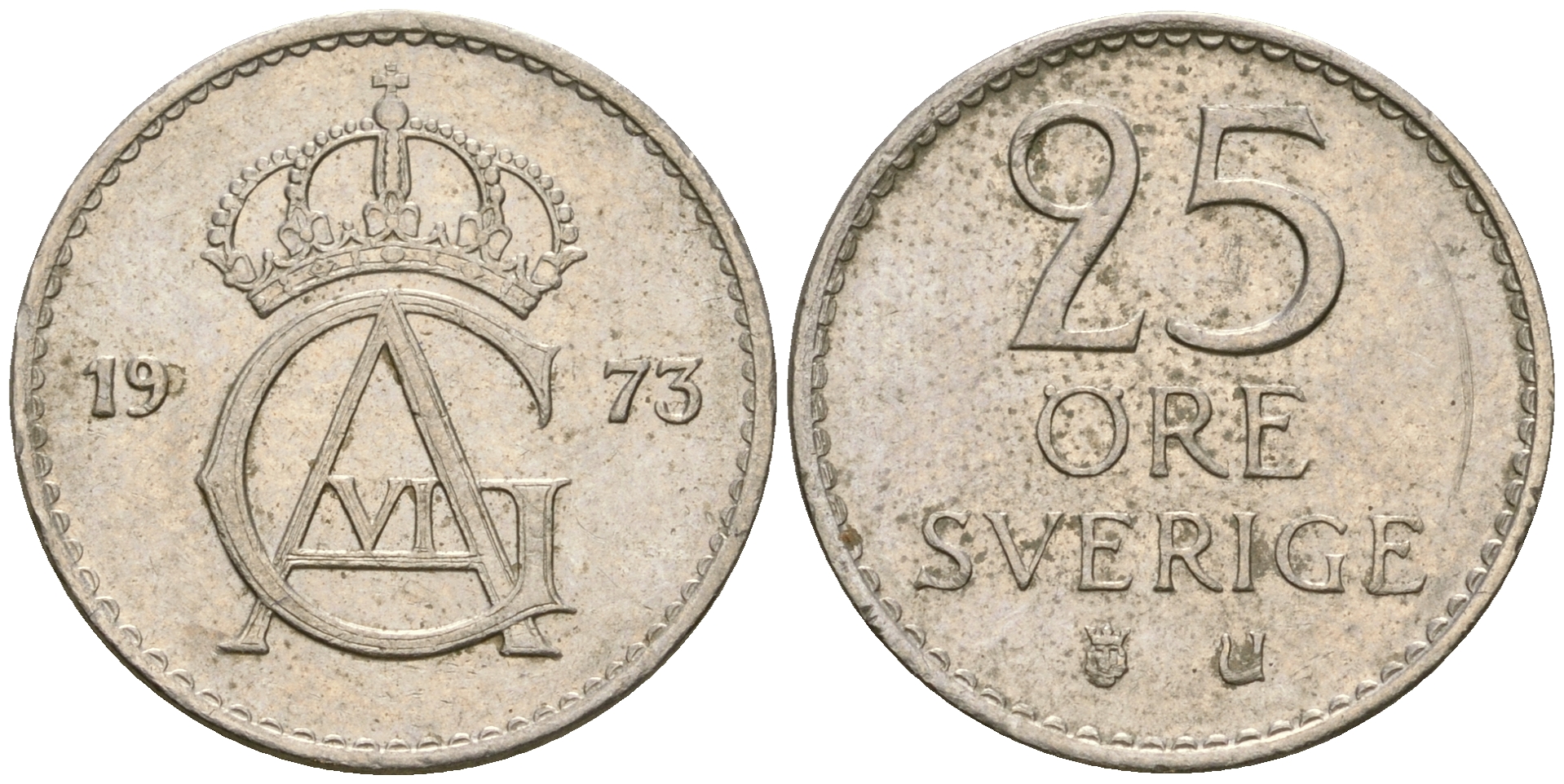 Швеция 25 эре 1973 U, Густав VI Адольф (1950-1973) KM 836 медно-никель 4364-3631