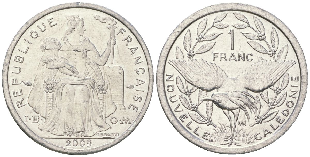 Французская Новая Каледония 1 франк 2009 птица кагу, (IEOM) KM 10, Schoen 10 алюминий 35-553