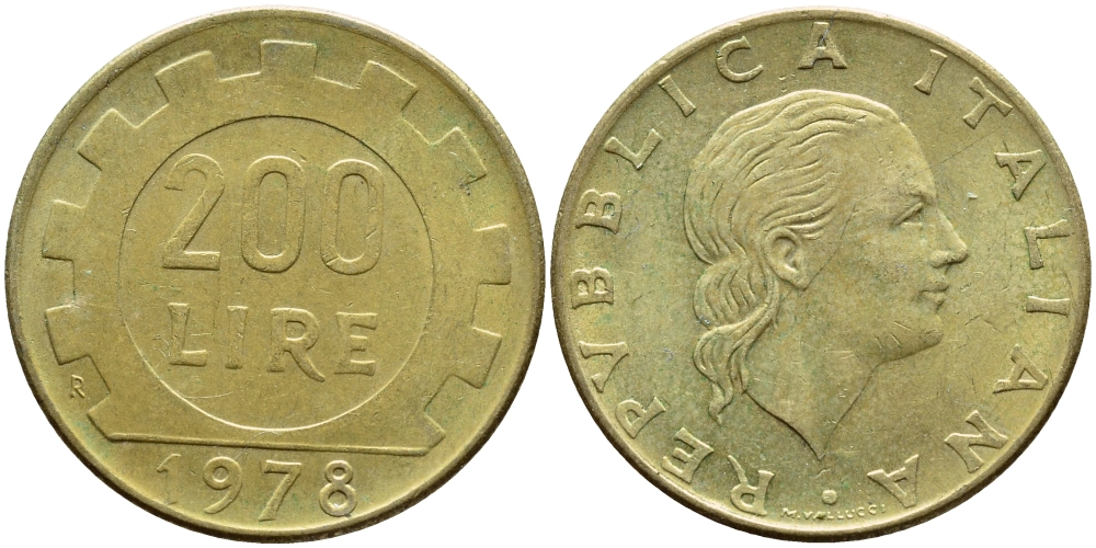 Италия 200 лир 1978 R, шестерня KM 105 алюминиевая бронза 4395-547