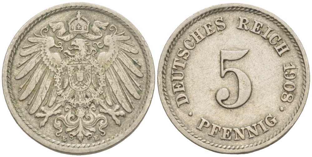 Германия 5 пфеннигов 1908 E KM 11, Jager 12, Weege 6 медно-никель 105-131