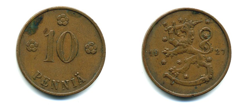 Финляндия 10 пенни 1927 республика (1918-1962) KM 24 медь 46-1553